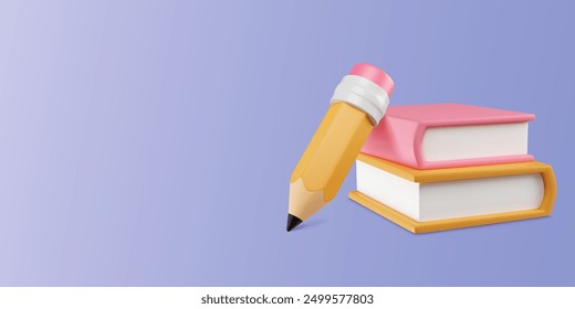 Pila 3D de libros con lápiz. Anuncio con lindo y pequeño material escolar render. Elementos de papelería de plástico. Ilustración de dibujos animados de Vector con espacio de copia en colores pastel.