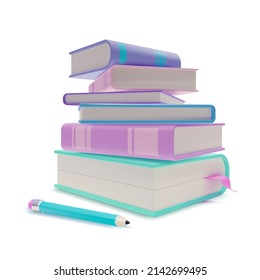 3d Stack Books and Pencil Cartoon Style Knowledge and School Education Concept Isolated on a White Background. Vector illustration