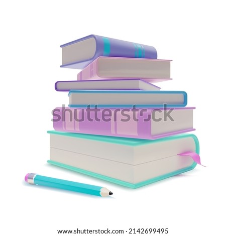 3d Stack Books and Pencil Cartoon Style Knowledge and School Education Concept Isolated on a White Background. Vector illustration