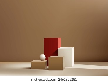 Pila 3D de cajas de podio con una bola blanca en la parte superior contra un fondo de pared marrón, concepto moderno, exhibición del producto, maqueta, sala de exposición, escaparate. Ilustración vectorial