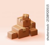 3D stack of cardboard boxes isolated. Render heap post parcel in craft paper. Postal signs of fragile. Carton cargo delivery packaging box. Transportation and logistics. Vector illustration