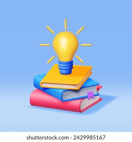 3D Stack of Closed Books with Light Bulb. Render Pile of Books and Idea Bulb. Set of Educational or Business Literature. Reading Education, Literature, Encyclopedia, Textbook. Vector Illustration