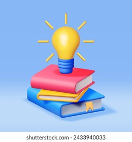 3D Stack of Closed Books with Light Bulb. Render Pile of Books and Idea Bulb. Set of Educational or Business Literature. Reading Education, Literature, Encyclopedia, Textbook. Vector Illustration