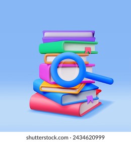 3D Stack of Closed Books with Magnifying Glass Isolated. Render Pile of Books with Magnifier Icon. Search for Information, Finding Data. Reading Education, Scientific Research. Vector Illustration