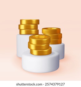 3D stack of coins on white round podium. Pile of american dollar coin stage render. Dollar money sign. Growth, income, savings, investment. Symbol of wealth. Business success. Vector illustration