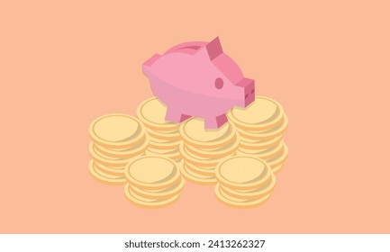3D Stack coins with piggy bank. earnings money concept. financial saving money, reduction cost, deposit, fund, budget, economics.3d goal for business, bank, finance, investment, money illustrations.