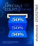 3d stack of coupons is being printed from a slot, isolated on dark background with firework effect. Printing gift voucher banner template in 3d vector