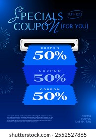 3d stack of coupons is being printed from a slot, isolated on dark background with firework effect. Printing gift voucher banner template in 3d vector