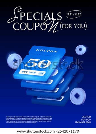 3d stack of coupons with flying coins, isolated on dark blue background. Special coupon code, gift vouchers giveaway for sale off promotional event. Cashback coupon vector.