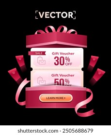 3d stack of coupons, flying up in a opened pink gift box, isolated on dark background. Gift voucher giveaway banner template. Coupon code for special discount, sale off. 3d vector illustration