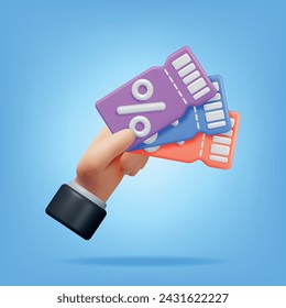 3d Stack of Coupons with Percent Symbol in Hand Isolated. Render Color Discount Voucher or Coupon. Blank Ticket Shopping Paper. Promotional Offer. Bonus Purchase, Gift Concept. Vector Illustration