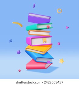 3D Stack of Falling Closed Books Isolated. Render Pile of Books Icon. Set of Educational or Business Literature. Reading Education, E-book, Literature, Encyclopedia, Textbook. Vector Illustration