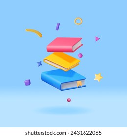 3D Stack of Falling Closed Books Isolated. Render Pile of Books Icon. Set of Educational or Business Literature. Reading Education, E-book, Literature, Encyclopedia, Textbook. Vector Illustration