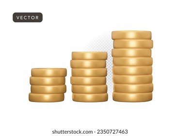 3D stack of gold shiny coins or money.Concept of financial success and growth.Vector realistic illustration on white background. 