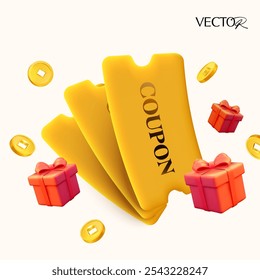 Pila 3d de Cupones dorados con monedas voladoras y cajas de regalo rojas, aisladas sobre fondo blanco. Plantilla de Anuncio con código de Cupón. Vector de Cupón de regalo 3D