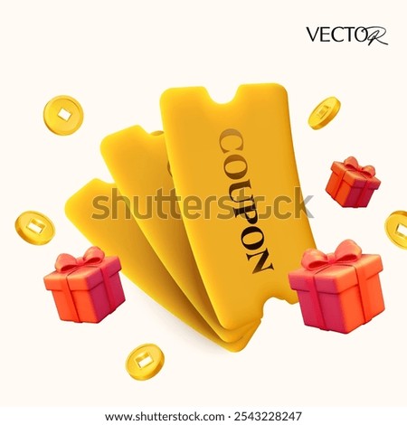 3d stack of golden coupons with flying coins and red gift boxes, isolated on white background. Gift vouchers banner template with coupon code. 3d gift coupon vector