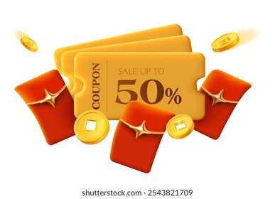 3d stack of golden coupons with lucky money envelope, golden coins flying, isolated on white background. Gift voucher for new year celebration. Cash back gift voucher in 3d vector concept.