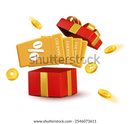 3d stack of golden coupons on opened red gift box with ribbons and flying coins, isolated on white background. 3d cash back gift voucher with coupon code vector icon.