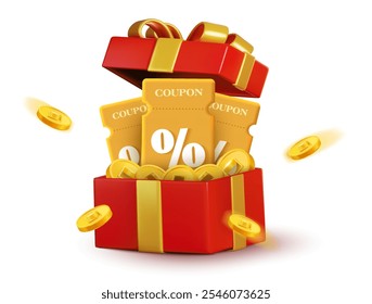 3D-Stapel goldener Coupons in geöffneter roter Geschenkbox mit Bändern und fliegenden Münzen, einzeln auf weißem Hintergrund. 3D-Cash-Back-Geschenkgutschein mit Coupon-Code, Vektorsymbol.