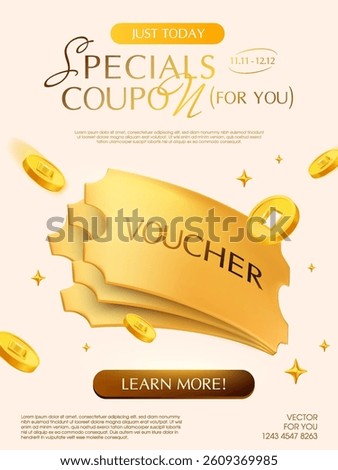 3d stack of golden vouchers with coins flying around, isolated on background. Premium coupon code for black Friday, special promotion. 3d vector voucher banner template.