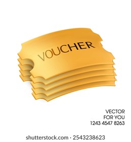 pilha 3d de vouchers dourados com código do cupom, isolado no fundo branco. Ícone 3d da pilha de cupons-presente.