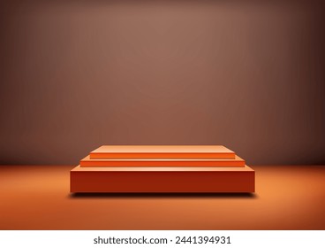 3D stack orange boxes podium sits on a flat brown background. Vector illustration