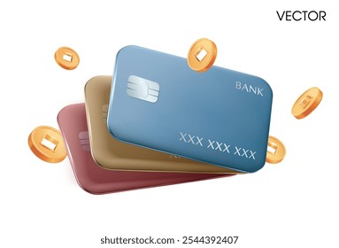 3d stack of premium credit or debit cards in navy and gold color with golden coins flying around, isolated on white background. 3d luxurious credit card vector icon.