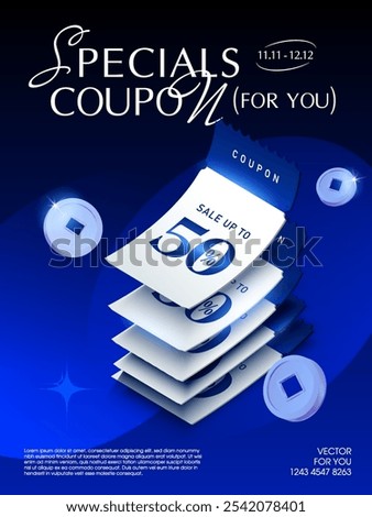 3d stack of white and blue coupons with flying coins, isolated on dark blue background. Special coupon code, gift vouchers giveaway for sale off promotional event. Cashback coupon vector.