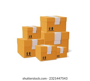 3D stacked cardboard boxes. Packed cargo, goods, parcels pile. Many carton packages heap, group. Sealed freight storage and shipment. 3D vector illustration isolated on white background