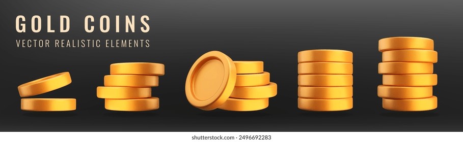 Conjunto de monedas de oro apiladas en 3D. Colección de dinero de metal realista. Elementos de Vector estilizados aislados sobre fondo negro. Símbolo financiero, bancario y de inversión, activos de juego, signos de pago