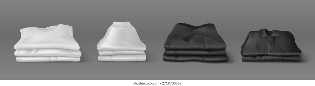 Pilas 3D de ropa en blanco y negro aisladas sobre fondo. Vector ilustración realista de la camisa planchada limpia, suéter, camiseta, suéter en pilas limpias, lavandería fresca después del detergente, icono de compras