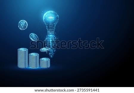 3d stacks of coins with falling coins and rising light bulb. Financial growth, profitable ideas, innovation in business, startup success, fintech, business strategy concept. Futuristic digital Vector.