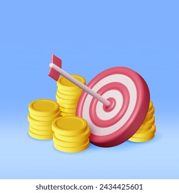 3D Stacks of Coins and Target with Arrow Isolated. Render Dartboard with Arrow and Golden Money. Business or Finance Target Concept. Targeting Audience. Achievement and Success. Vector Illustration