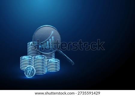3d stacks of coins under magnifying glass with upward graph. Financial analysis, investment growth, market research, revenue analytics, business intelligence concept. Futuristic digital style. Vector.