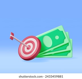 3D Stacks of Dollars and Target with Arrow Isolated. Render Dartboard with Arrow and Cash Money. Business or Finance Target Concept. Targeting Audience. Achievement and Success. Vector Illustration