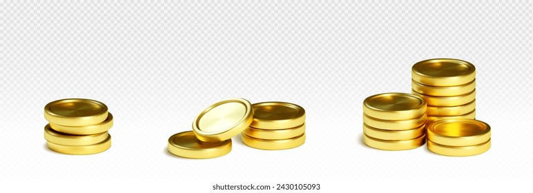 3D stacks of golden coins isolated on transparent background. Vector realistic illustration of pile of money, interest rate icon, bank deposit, income tax, savings in cash, cryptocurrency tokens