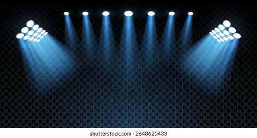Cena do estádio 3D com campo de futebol iluminado, luzes LED brilhantes e brilho de néon. Atmosfera noturna com luzes de inundação, vigas e palco vazio. Vetor de fundo realista com brilho de luxo.