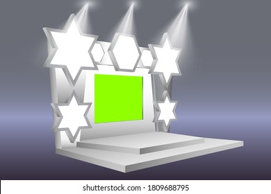 Tercer escenario de fondo con espacio en blanco LED TV pantalla verde compañía logotipo y foco para la exposición del evento. Vector editable aislado.