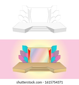 3d stage backdrop digital technology style with blank space logo company for event exhibition. Vector editable sketch outline drawing coloring isolated.