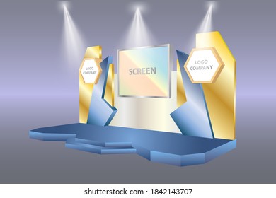3d stage backdrop LED screen with blank space logo company and spotlight for event exhibition. Vector editable isolated.