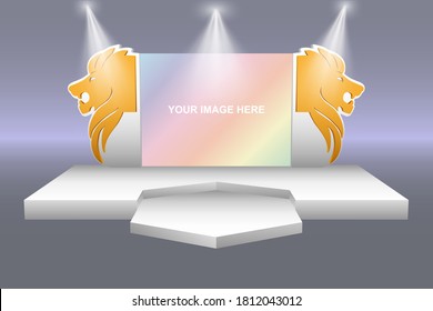 3d stage backdrop lion head decoration with blank space LED screen and spotlight for event exhibition. Vector editable isolated.