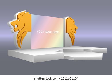 3d stage backdrop lion head decoration with blank space LED screen for event exhibition. Vector editable isolated.