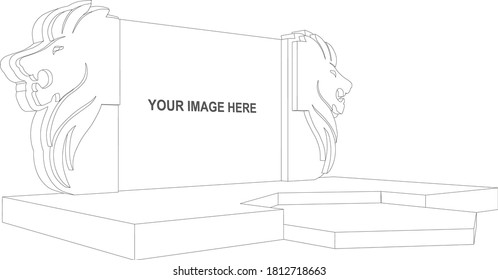 3d stage backdrop lion head decoration with blank space LED screen for event exhibition. Vector editable sketch outline drawing coloring isolated.