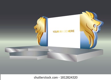 3d stage backdrop lion head decoration with blank space LED screen for event exhibition. Vector editable isolated.