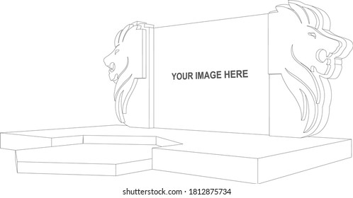 3d stage backdrop lion head decoration with blank space LED screen for event exhibition. Vector editable sketch outline drawing coloring isolated.