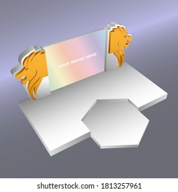 3D-Bühnenhintergrund mit Löwenkopfdekorationen und LED-Bildschirm mit Leerraum für Ausstellungsveranstaltungen.  Einziger bearbeitbarer Vektor.