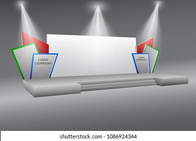 3D-Bühnenbild-Druck mit Logo-Firmenplatz und Spotlight für die Präsentation. Vektorillustration bearbeitet