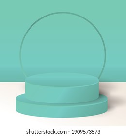 3d Stage background minimal scene with soft green colour. Podium 3d vector illustration. Podium stand to show product.Stage showcase on pedestal studio. -3d Vector Illustration