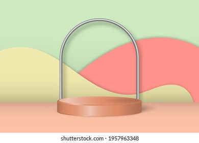 3d stage background minimal scene with silver ring, geometric platform. Stage background vector 3d rendering podium. Stage to show cosmetics or promotion products. Modern pedestal on green platform.