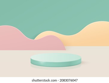 	
3d Stage background minimal scene with geometric platform. Stage background vector 3d rendering with podium. stage to show cosmetic products. Stage showcase on pedestal modern 3d studio green platfo